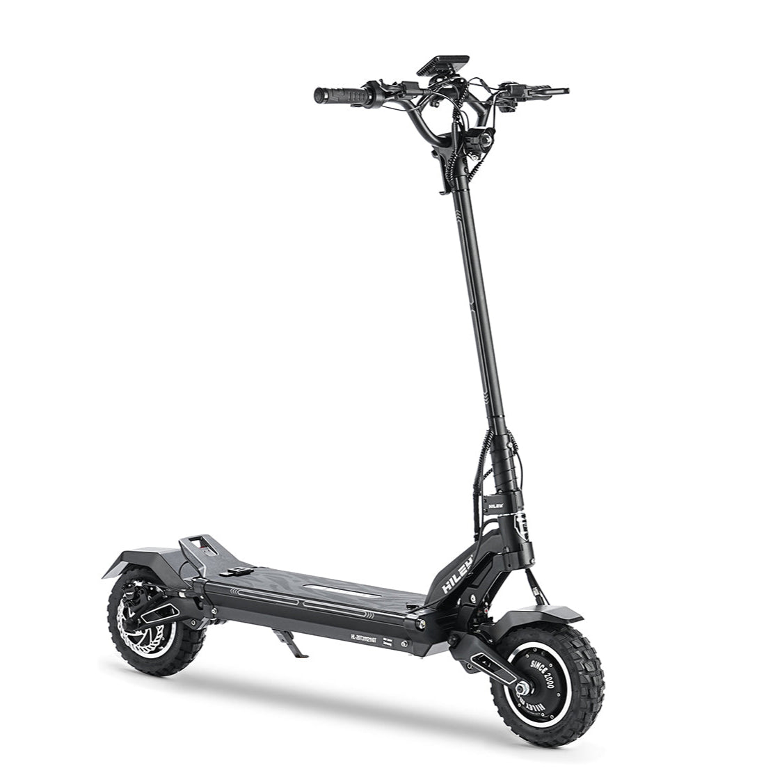 Hiley Tiger 10 GTR electric scooter - Front-right view with pneumatic tires.Trottinette électrique Hiley Tiger 10 GTR - Vue avant droite avec pneus pneumatiques
